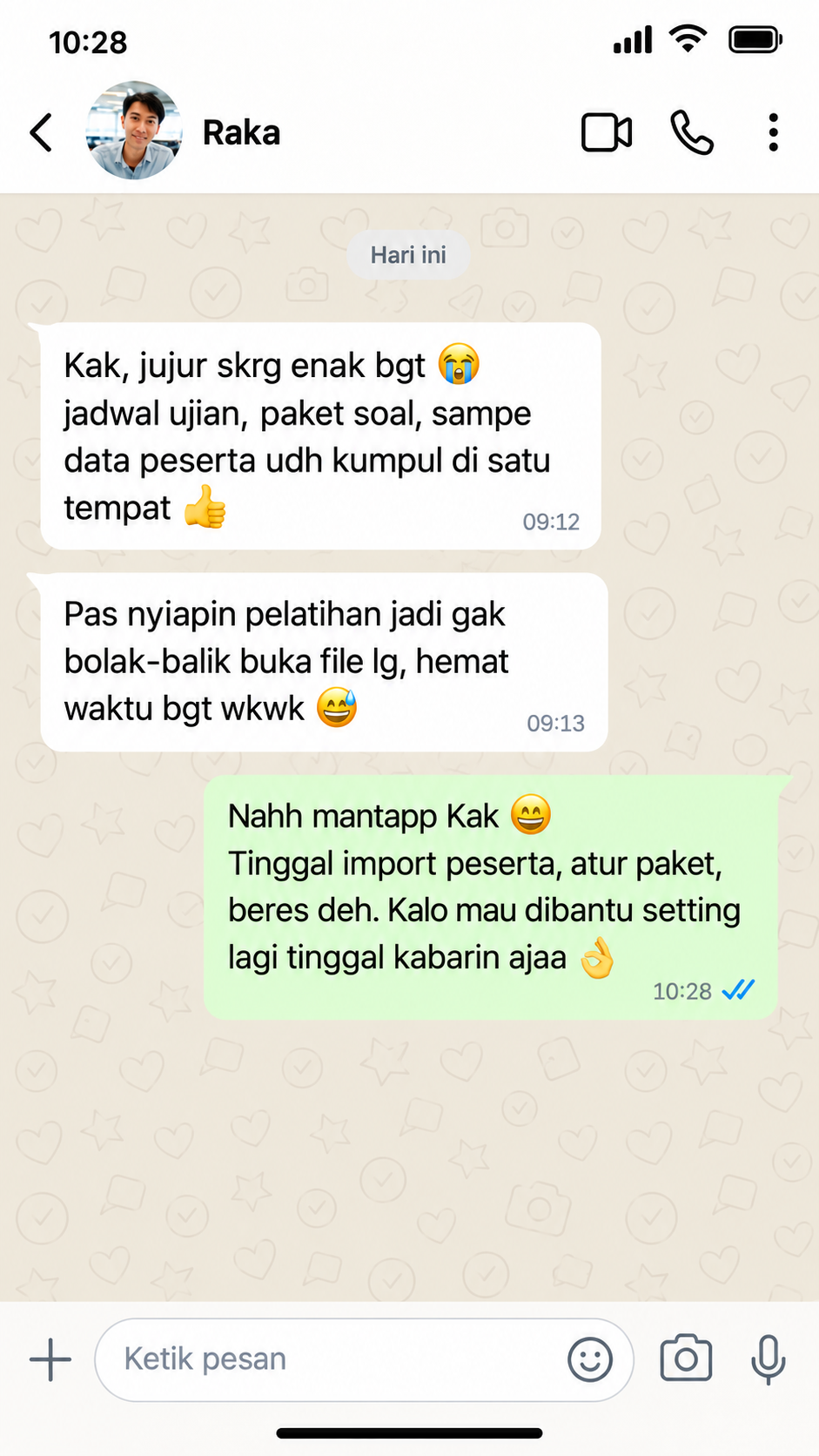 WhatsApp Raka: Kak, jujur skrg enak bgt, jadwal ujian, paket soal, sampe data peserta udh kumpul di satu tempat. Pas nyiapin pelatihan jadi gak bolak-balik buka file lg, hemat waktu bgt wkwk.